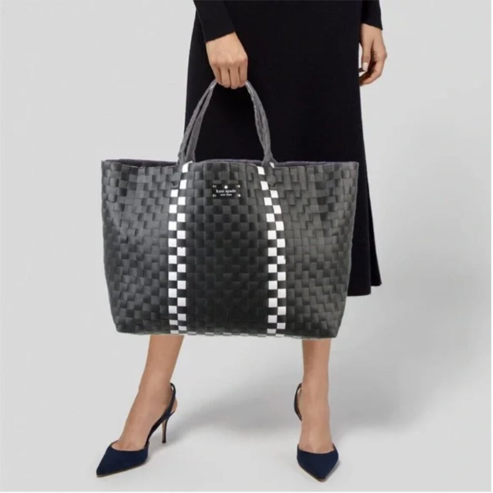 Kate Spade New York Basketweave Tote Bag, Black with White Stripes
